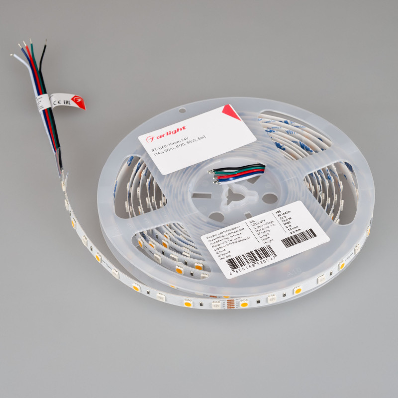 Лента RT-B60-10mm 24V RGBW-Warm (14.4 W/m, IP20, 5060, 5m) (Arlight, Открытый) 018327(2). Цена указана за 5 метров. Продается кратно 5 метрам.