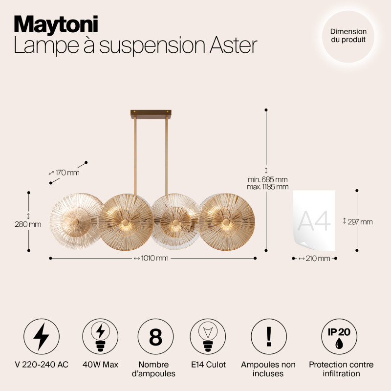 Светильник 101 см, Maytoni Aster MOD007PL-08G1, золото