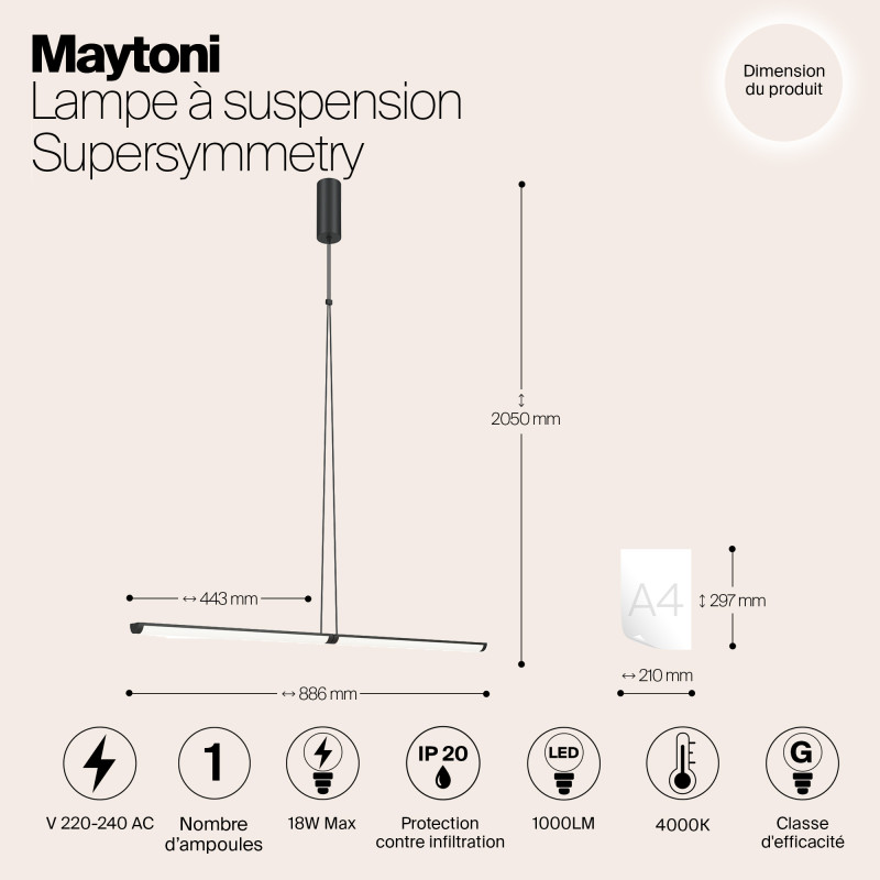 Подвесной светильник  4*4*88,6 см, LED 1 18W, 4000К, Черный Maytoni Supersymmetry P096PL-L11BK1