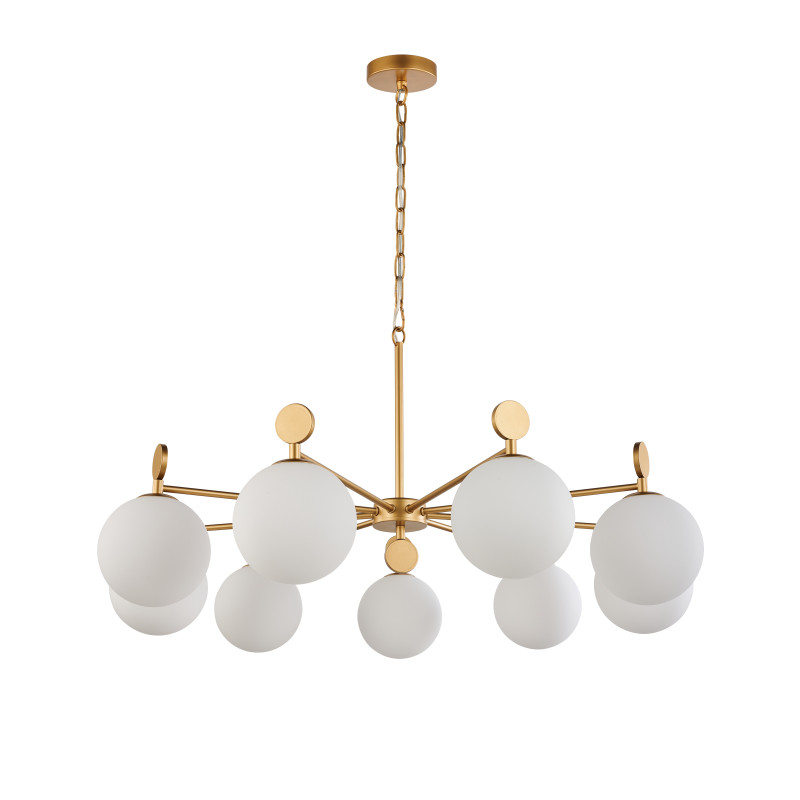 Подвесная люстра Favourite Absolute 2928-9P, D910*H365/1540, каркас золотого цвета, плафоны из стекла цвета опала, люстру можно монтировать плафонами вверх или вниз