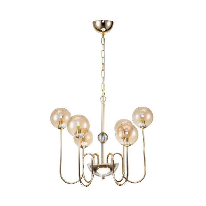 Подвесная люстра Favourite Ariel 2999-6P, D540*H530/1500, золотой гальваники, на центральном штоке декор в виде стеклянного шара, выдувные плафоны янтарного цвета