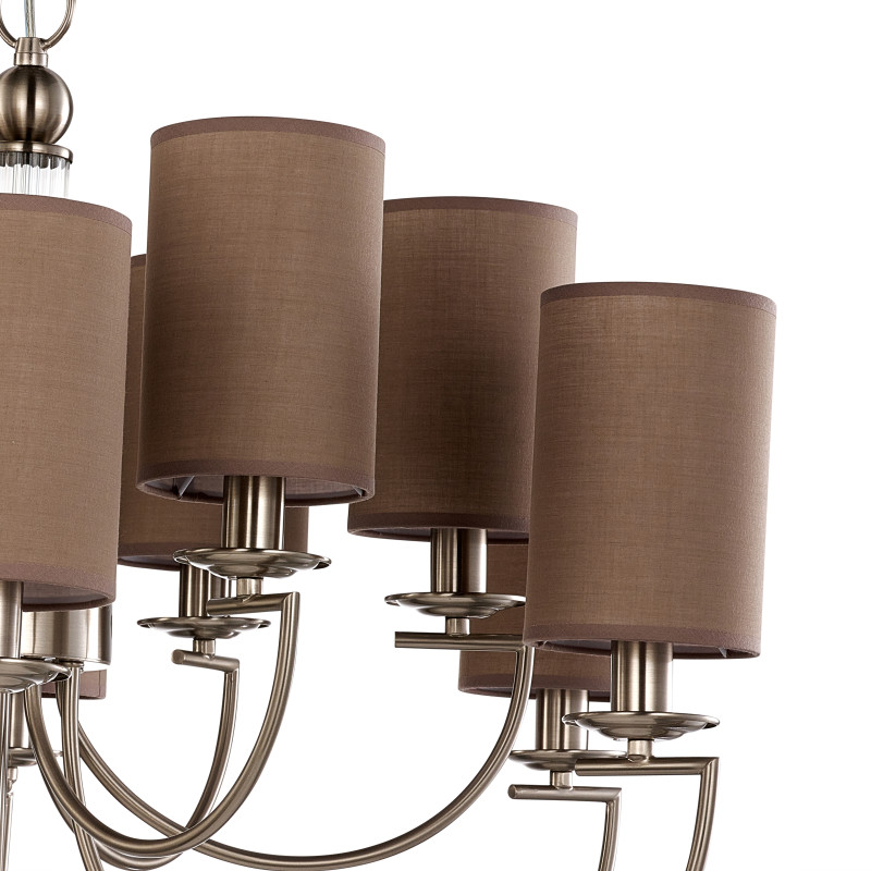 Подвесная люстра Favourite Argo 2934-12P, D880*H615/1680, никеля, плафоны из коричневой ткани, декоративный элемент из прозрачного стекла