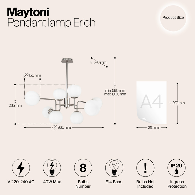 Подвесная люстра Maytoni Erich MOD221-PL-08-N, диаметр 96 см, матовый никель