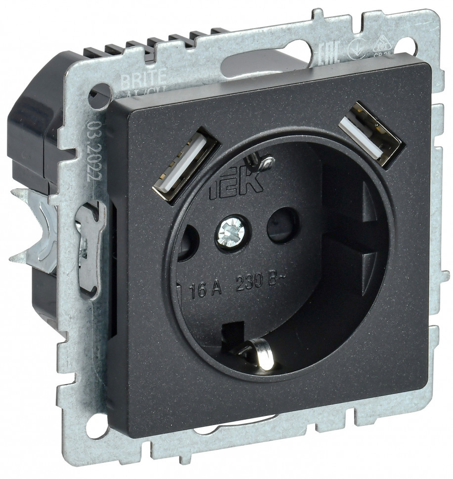 BRITE Розетка с заземлением с защитными шторками 16А с USB A+A 3,1А РЮш10-2-БрЧ черный