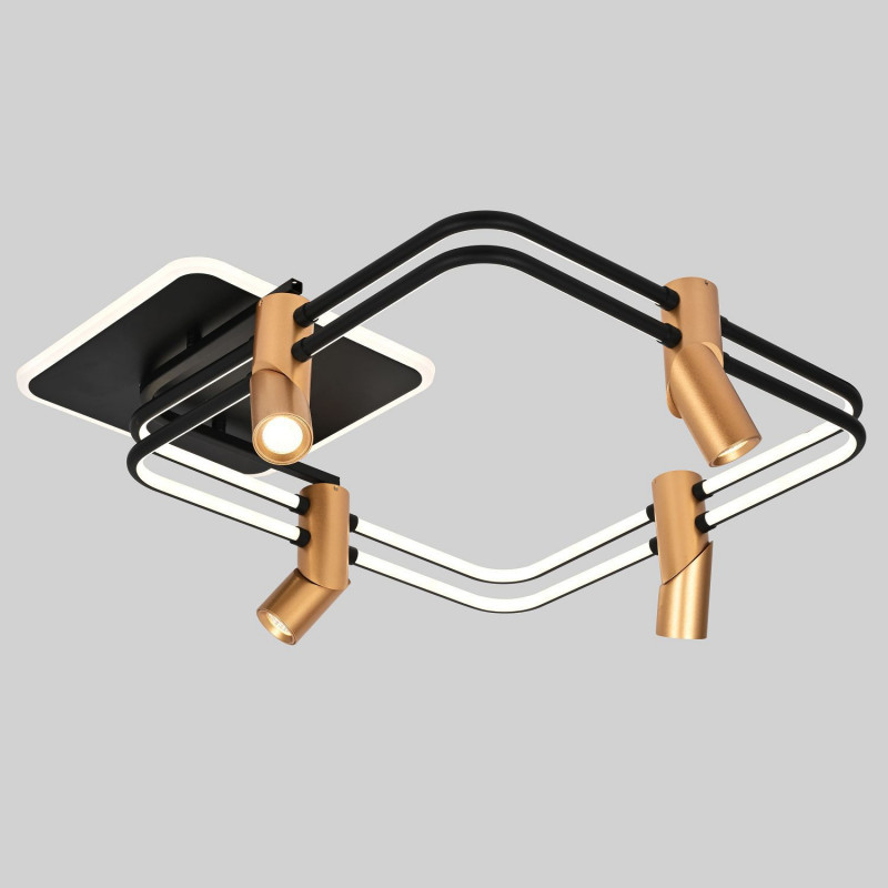 Потолочный светильник Favourite Cosmical 4070-4U, L600*W600*H210, потолочный светильник черного цвета в  сочетании с золотыми поворотными спотами на каркасе, встроенные ленты LED по периметру. Пульт управления цветом