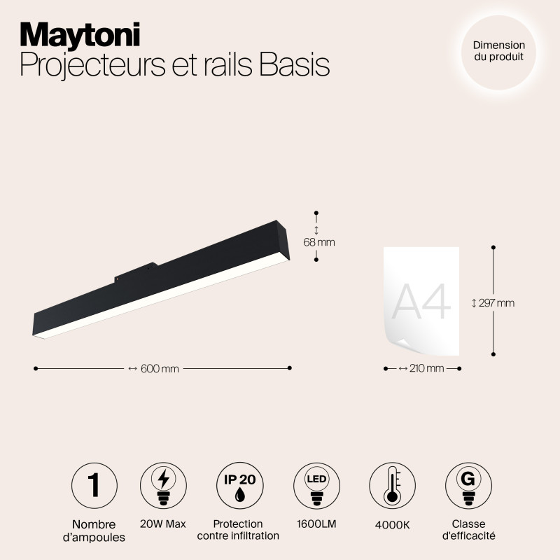 Светодиодный светильник 60 см, 20W, 4000K, Maytoni Technical Basis S35 TR012-2-20W4K-B, черный трековый