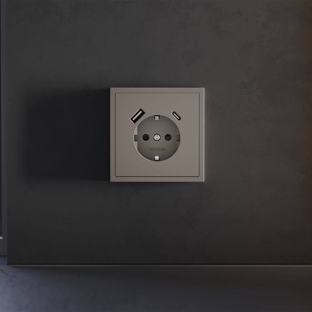 Накладка для розетки с заземлением и защитными шторками, с USB A+C, S70, капучино Voltum VLS001014