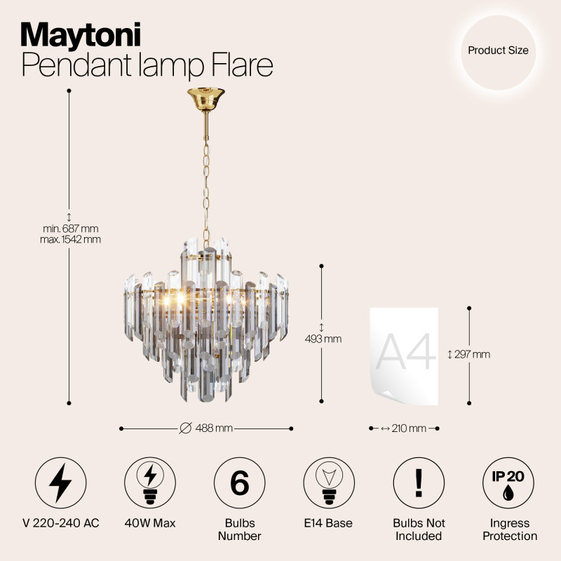 Подвесной светильник Maytoni Diamant Crystal Flare DIA200PL-06G, диаметр 49 см, золото
