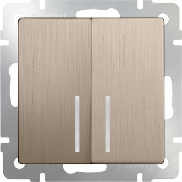 WL10-SW-2G-LED / Выключатель двухклавишный с подсветкой (шампань рифленый), 4690389085345