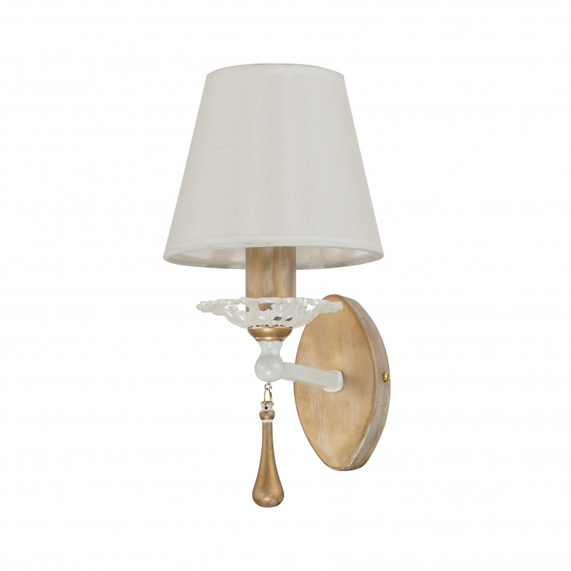 Бра Favourite Silena 2635-1W, D170*W135*H270, каркас белого цвета и цвета - античное золото, абажур из белой ткани, декоративные подвески в виде удлиненных стеклянных капель на золотых цепочках