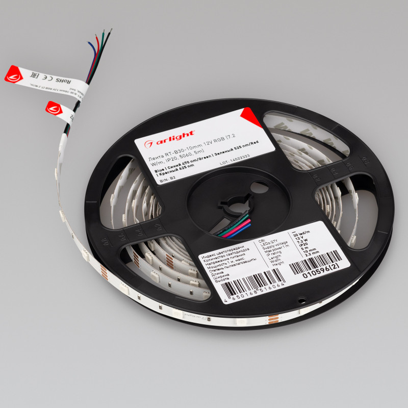 Лента RT-B30-10mm 12V RGB (7.2 W/m, IP20, 5060, 5m) (Arlight, Открытый) 010596(2). Цена указана за 5 метров. Продается кратно 5 метрам.