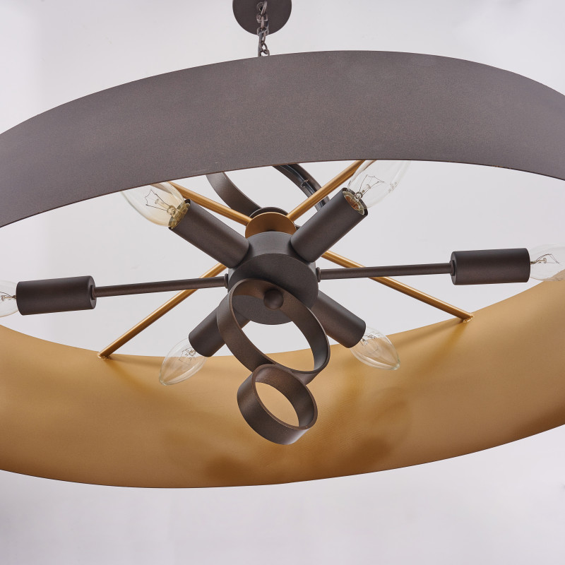 Подвесная люстра Favourite Ferrous 4007-6P, L700*W350*H695/1695, каркас двух цветов - коричневого цвета с внешней стороны и цвета золота с внутренней, декоративные элементы в виде колец