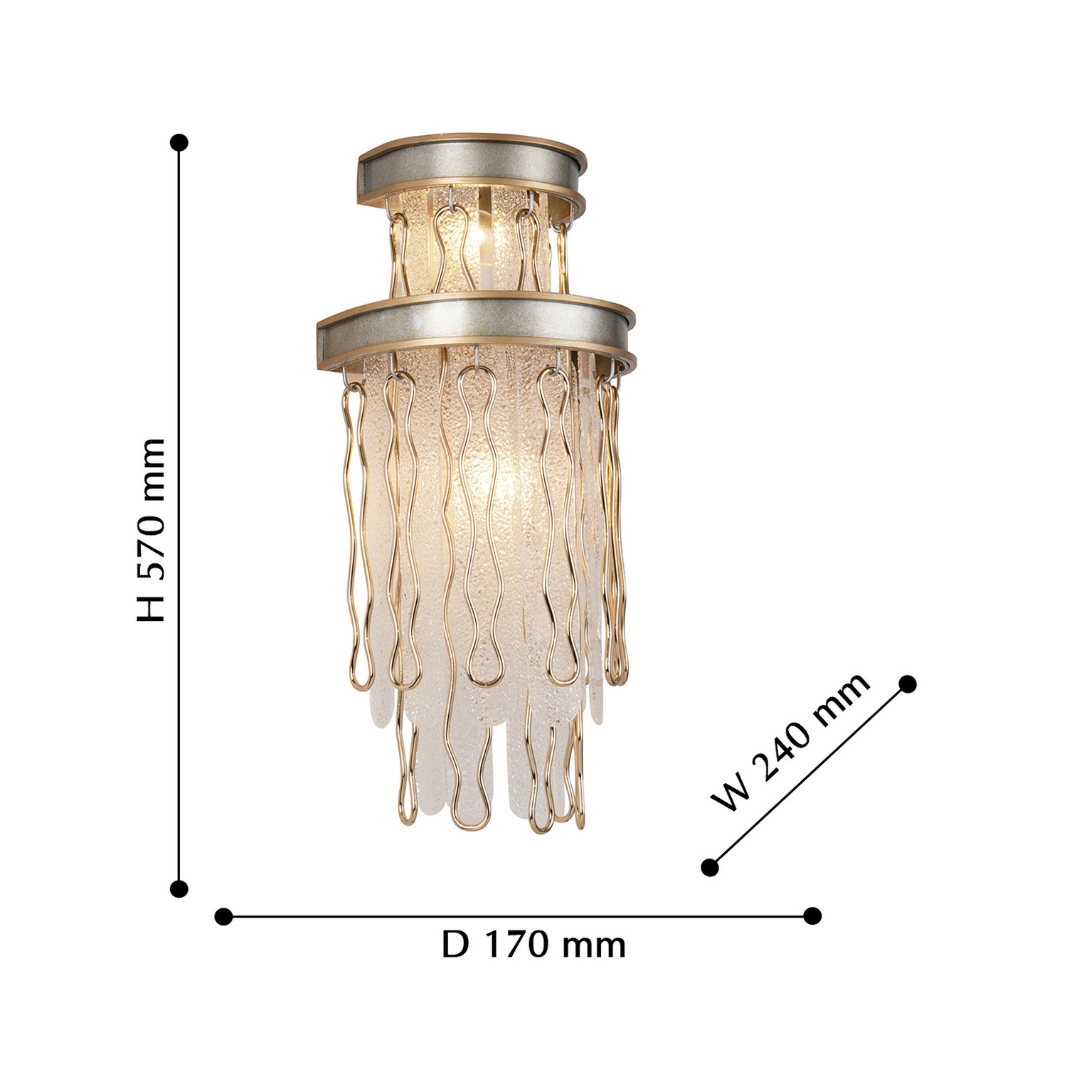 Бра Favourite Medea 2696-2W, D170*W240*H570, французского серебра с золотой окантовкой, декоративные элементы из металла золотого цвета, подвески из полупрозрачного стекла с эффектом