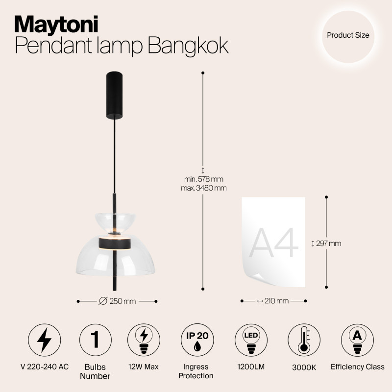 Подвесной светильник  25*57,8 см, LED 1 12W, 3000К, Черный Maytoni Bangkok MOD185PL-L6B3K2