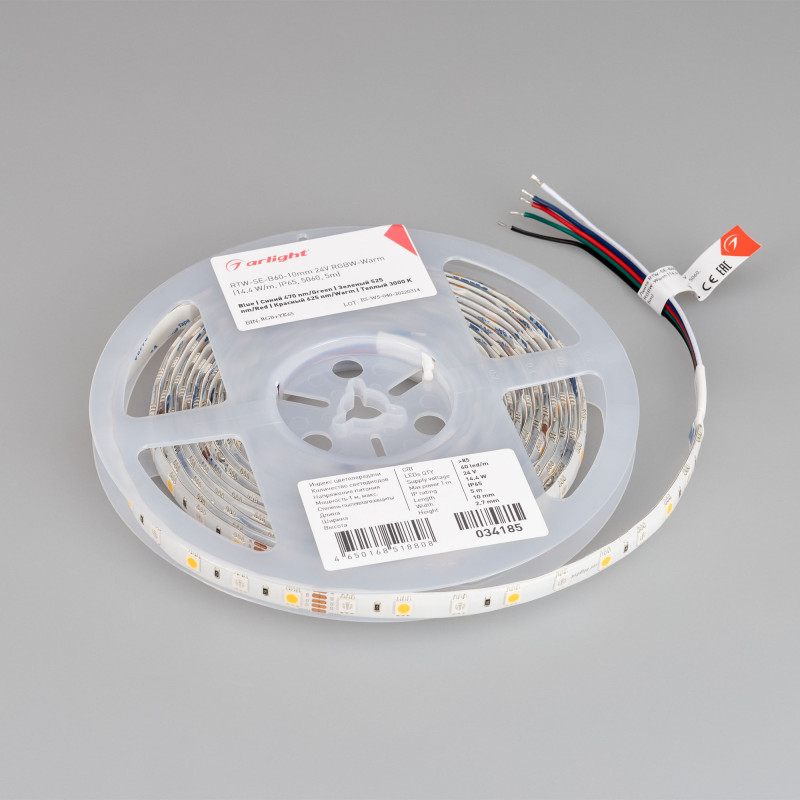 Лента RTW-SE-B60-10mm 24V RGBW-Warm (14.4 W/m, IP65, 5060, 5m) (Arlight, Открытый) 034185. Цена указана за 5 метров. Продается кратно 5 метрам.