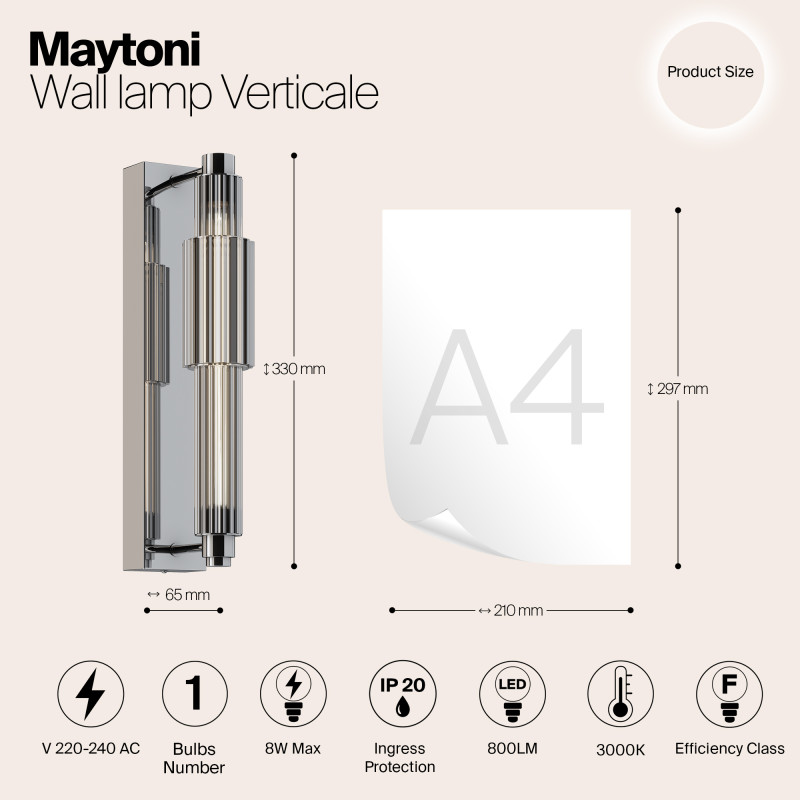 Светильник 33 см, 8W, 3000K, Maytoni Verticale MOD308WL-L9CH3K, хром