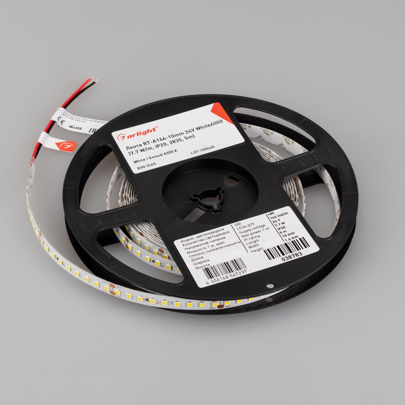 Лента RT-A144-10mm 24V White6000 (7.7 W/m, IP20, 2835, 5m) (Arlight, высок.эфф.200 лм/Вт) 038783. Цена указана за 5 метров. Продается кратно 5 метрам.