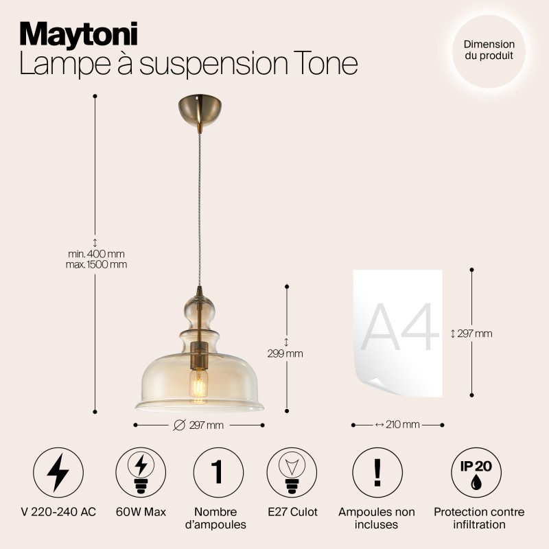 Подвесной светильник Maytoni Tone P001PL-01BZ, янтарный, диаметр 30 см