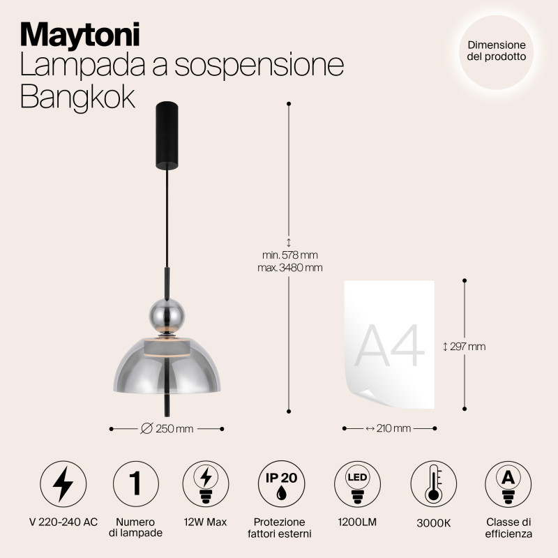 Подвесной светильник  25*57,8 см, LED 1 12W, 3000К, Черный Maytoni Bangkok MOD185PL-L6B3K4