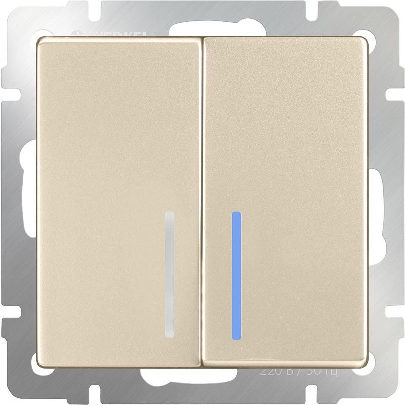 WL11-SW-2G-2W-LED/ Выключатель  двухклавишный проходной с подсветкой (шампань), 4690389124655