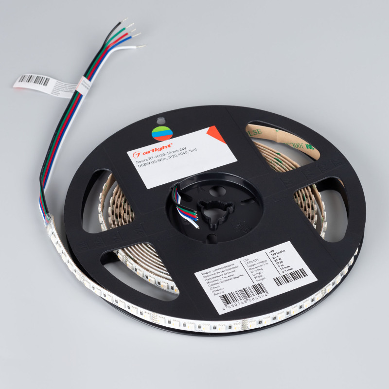 Лента RT-H120-10mm 24V RGBW-Warm-4-in-1 (25 W/m, IP20, 4040, 5m) (Arlight, Открытый) 048746. Цена указана за 5 метров. Продается кратно 5 метрам.