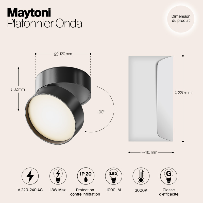 Светильник 12*12 см, LED 18W, 3000K Maytoni Onda C024CL-L18B черный