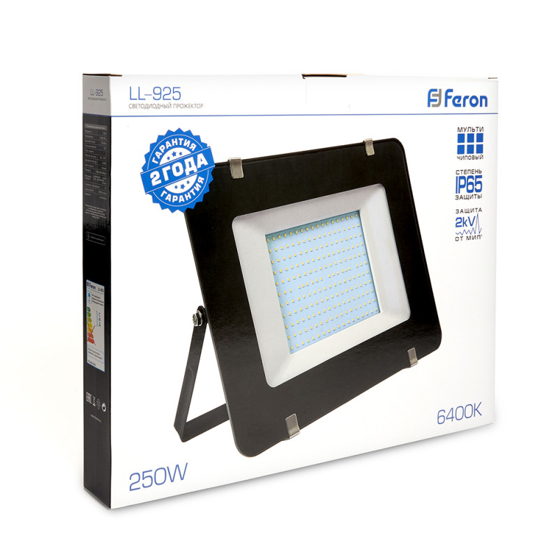 Прожектор светодиодный 2835 SMD 250W 6400K IP65  AC220V/50Hz, черный, LL-925 Feron 29500