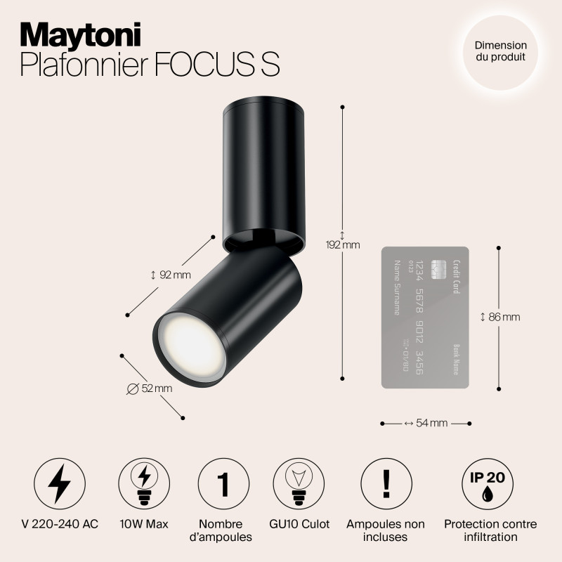 Светильник 5*5 см, GU10 10W, Maytoni Focus S C051CL-01B, черный