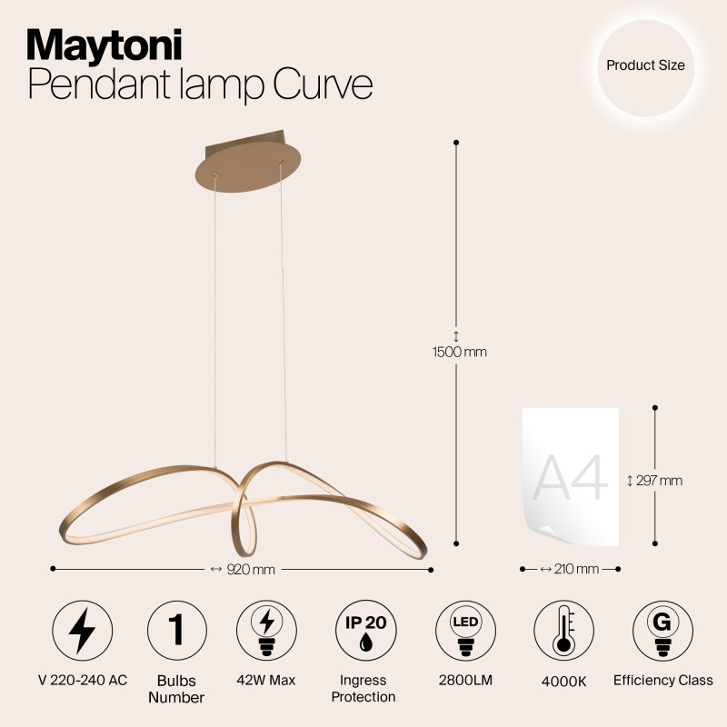 Светодиодный светильник 92 см, 42W, 4000K, Maytoni MOD156PL-L52G4K, золото