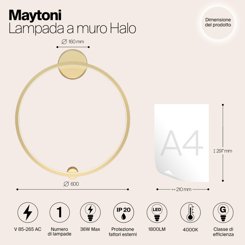 Бра 60 см, 36W, 4000K, Maytoni MOD005WL-L22BSK1, латунь