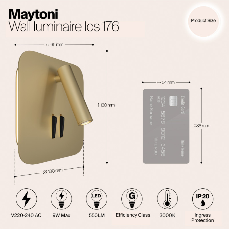 Настенное бра Maytoni Ios 176 C175-WL-01-6W-MG, 9W LED, 3000K, матовое золото