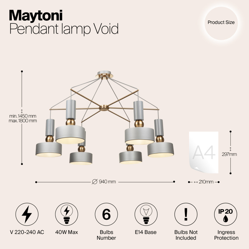 Подвесная люстра Maytoni Void MOD030PL-06GR серый, диаметр 94 см
