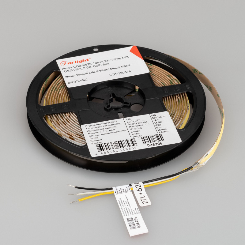 Лента COB-X576-10mm 24V White-MIX (16.5 W/m, IP20, CSP, 5m) (Arlight, Изменяемая ЦТ) 036206. Цена указана за 5 метров. Продается кратно 5 метрам.