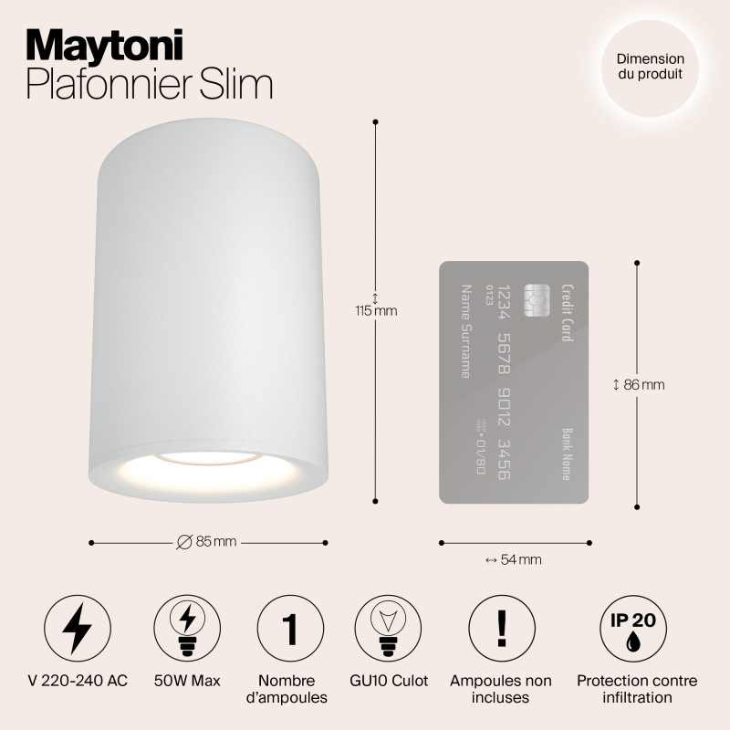 Светильник 8,5*8,5 см, GU10 50W, Maytoni Alfa C012CL-01W, белый
