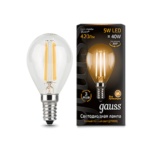 105801105 Лампа Gauss Filament Шар 5W 420lm 2700К Е14 LED 1/10/50