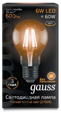 102802106 Лампа Gauss Filament А60 6W 600lm 2700К Е27 LED 1/10/40