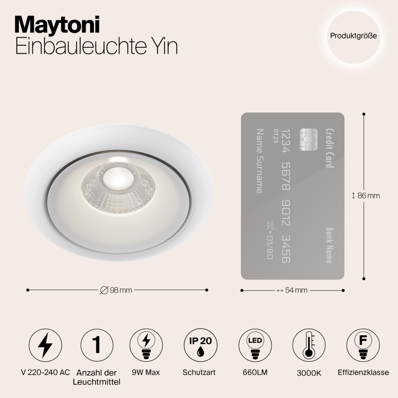 Встраиваемый светильник 10 см, 8W, 3000К, белый, теплый свет, Maytoni Zoom DL031-2-L8W, светодиодный