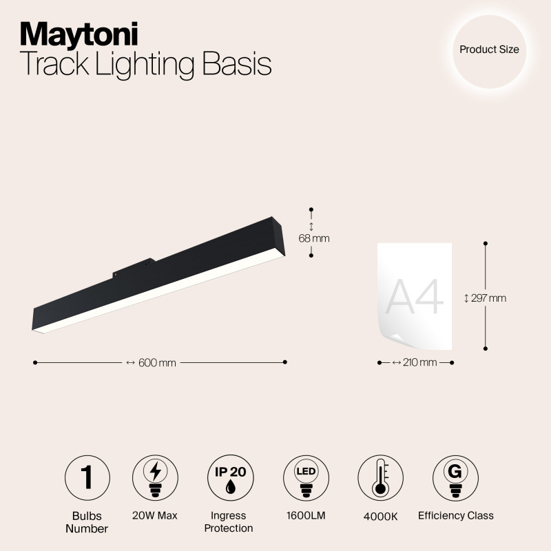 Светодиодный светильник 60 см, 20W, 4000K, Maytoni Technical Basis S35 TR012-2-20W4K-B, черный трековый