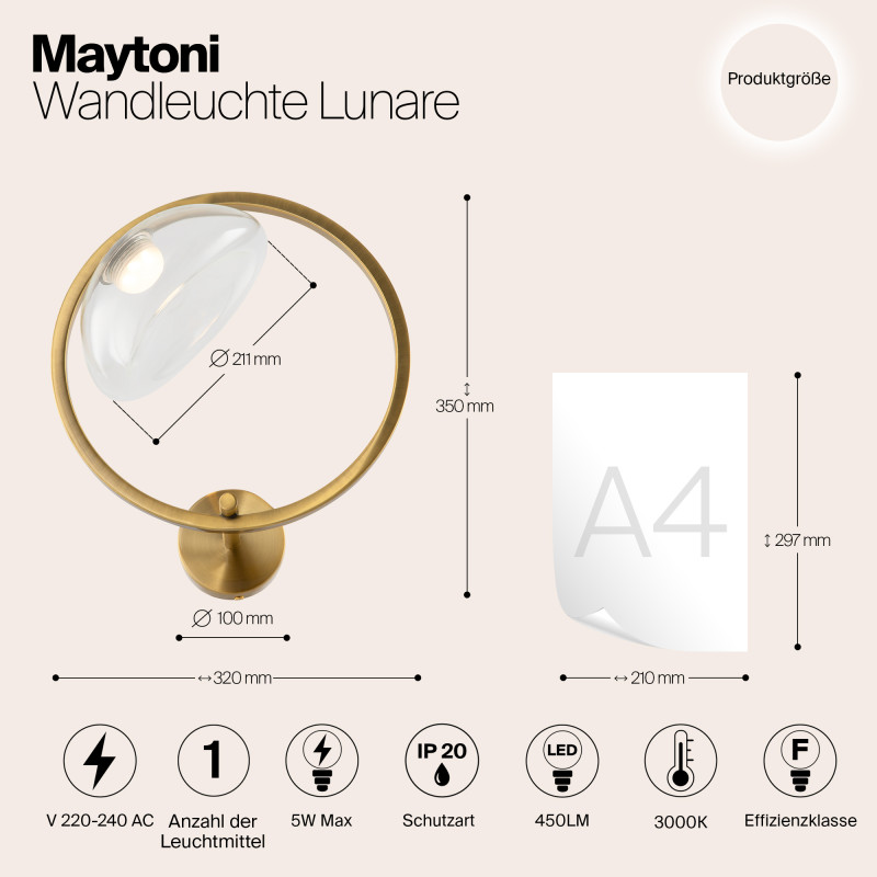 Светодиодный светильник 35 см, 5W, 3000K, Maytoni Moon MOD327WL-L5BS3K, латунь