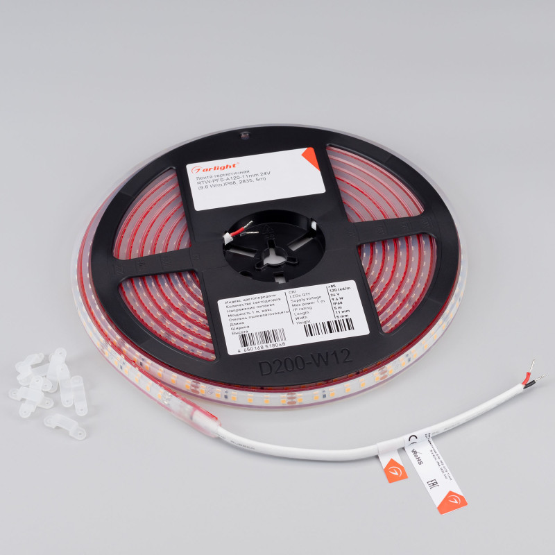 Лента герметичная RTW-PFS-A120-11mm 24V Warm3000 (9.6 W/m, IP68, 2835, 5m), Arlight 033786. Цена указана за 5 метров. Продается кратно 5 метрам.