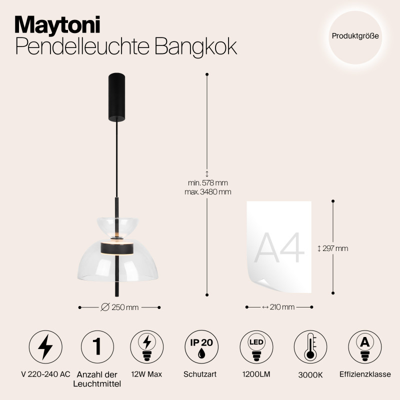 Подвесной светильник  25*57,8 см, LED 1 12W, 3000К, Черный Maytoni Bangkok MOD185PL-L6B3K2