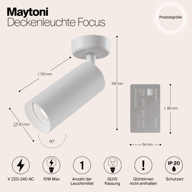 Светильник 6,5*6,5 см, GU10 50W, Maytoni Focus C017CW-01W, белый