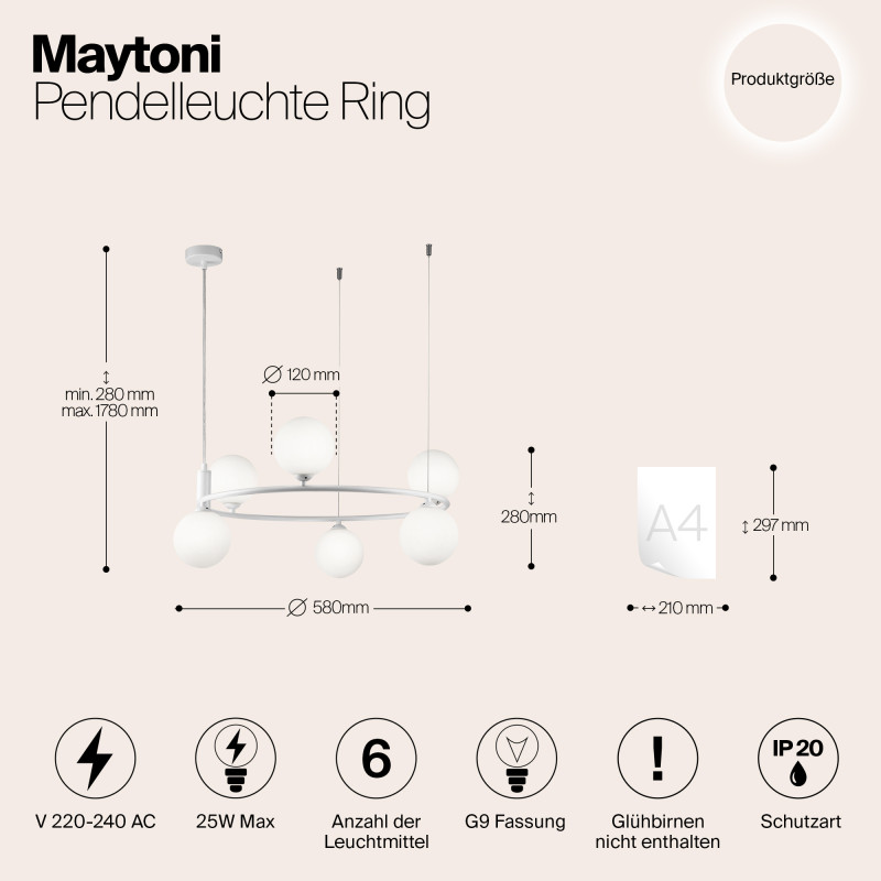 Подвесная люстра Maytoni Ring MOD013PL-06W, белый, диаметр 58см