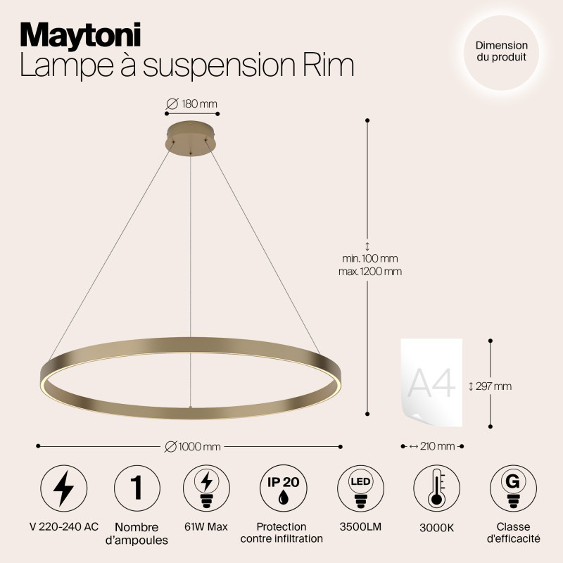 Светильник 100 см, 61W, 3000K Maytoni MOD058PL-L54BS3K, латунь