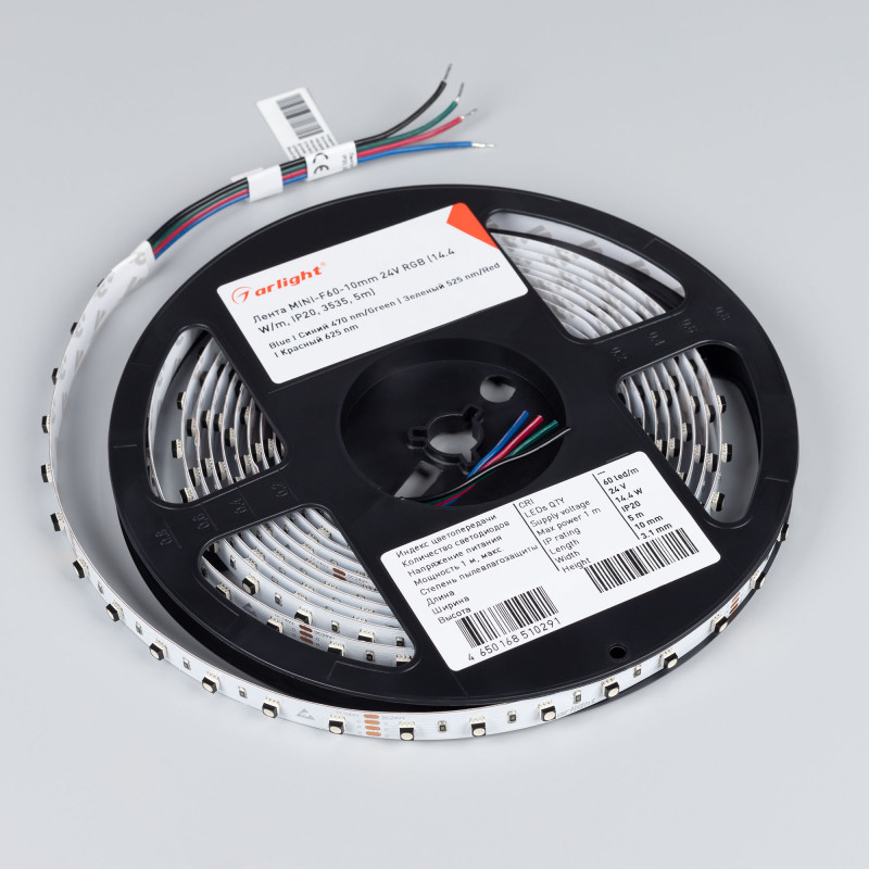 Лента MINI-F60-10mm 24V RGB (14.4 W/m, IP20, 3535, 5m) (Arlight, Открытый) 022718(2). Цена указана за 5 метров. Продается кратно 5 метрам.