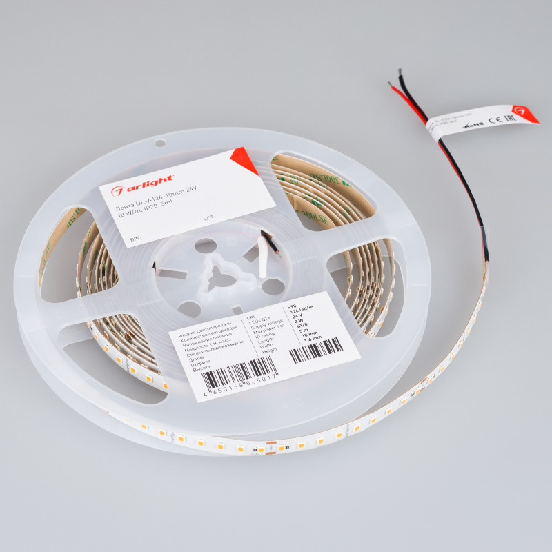 Лента UL-A126-10mm 24V Warm3500 (8 W/m, IP20, 5m) (Arlight, высок.эфф.165 лм/Вт) 044496. Цена указана за 5 метров. Продается кратно 5 метрам.