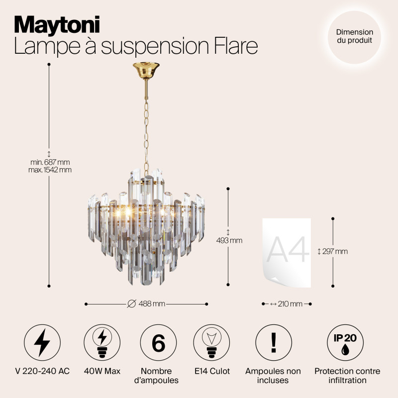 Подвесной светильник Maytoni Diamant Crystal Flare DIA200PL-06G, диаметр 49 см, золото