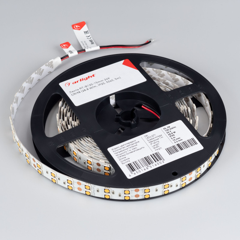 Лента RT-B120-15mm 24V Warm3000 CRI98 (28.8 W/m, IP20, 5060, 5m) (Arlight, Открытый) 021470(2). Цена указана за 5 метров. Продается кратно 5 метрам.