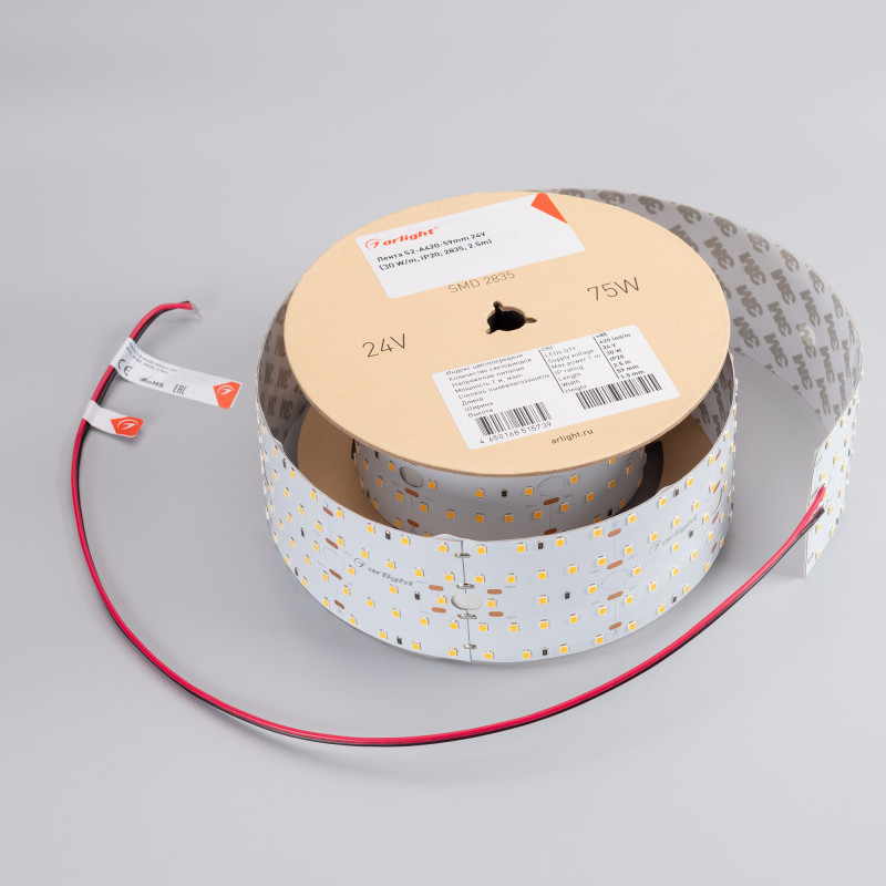 Лента S2-2500 24V Warm 2700K 59mm (2835, 420 LED/m, LUX) (Arlight, 30 Вт/м, IP20) 023407. Цена указана за 2,5 метров. Продается кратно 2,5 метрам.