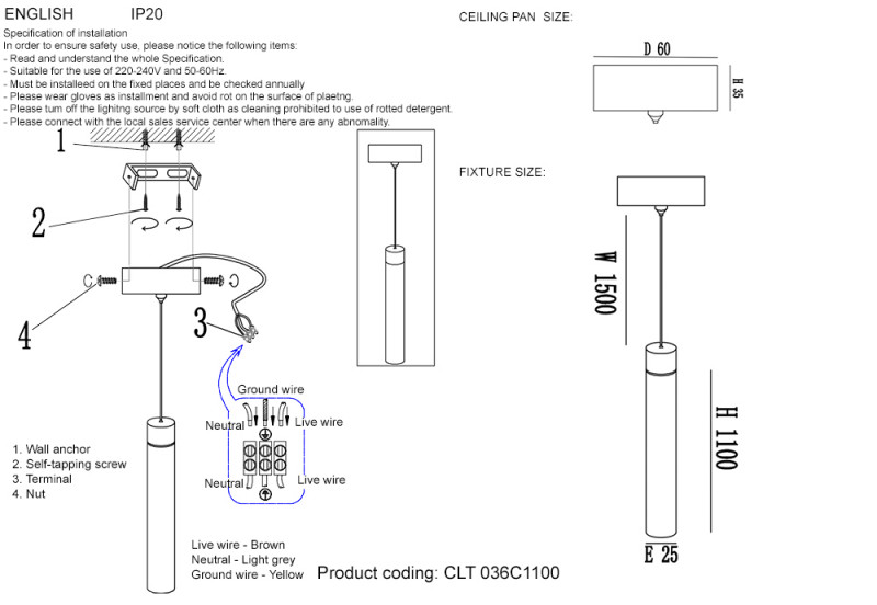 Светильник подвесной 3 см, 1*3W, 3000K, Crystal Lux CLT 036C1100 WH Белый